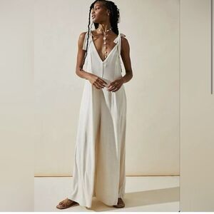 Free People Beach Alice One-Piece Jumpsuit Cream Boho Wide Leg Tie Shoulder Sz L